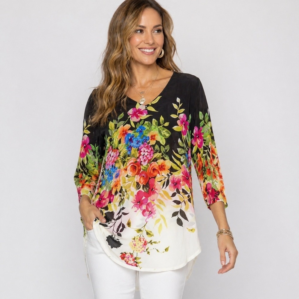 Johnny Was Floral Tunic Top S Silk Cupra Ombre Boho Blouse C13918B-1 Casual